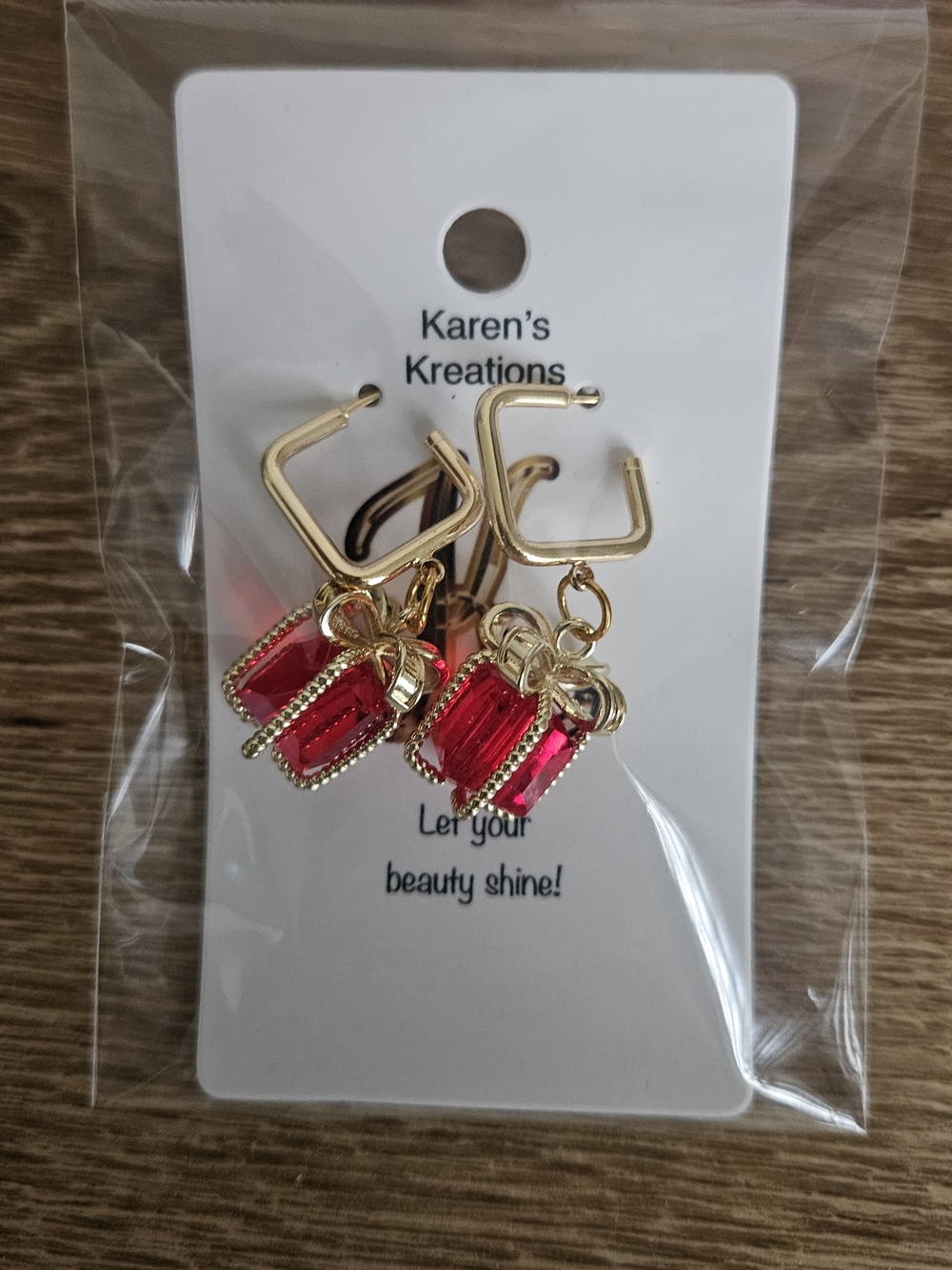 Red Gift Box Dangle Earrings - Gold Tone
